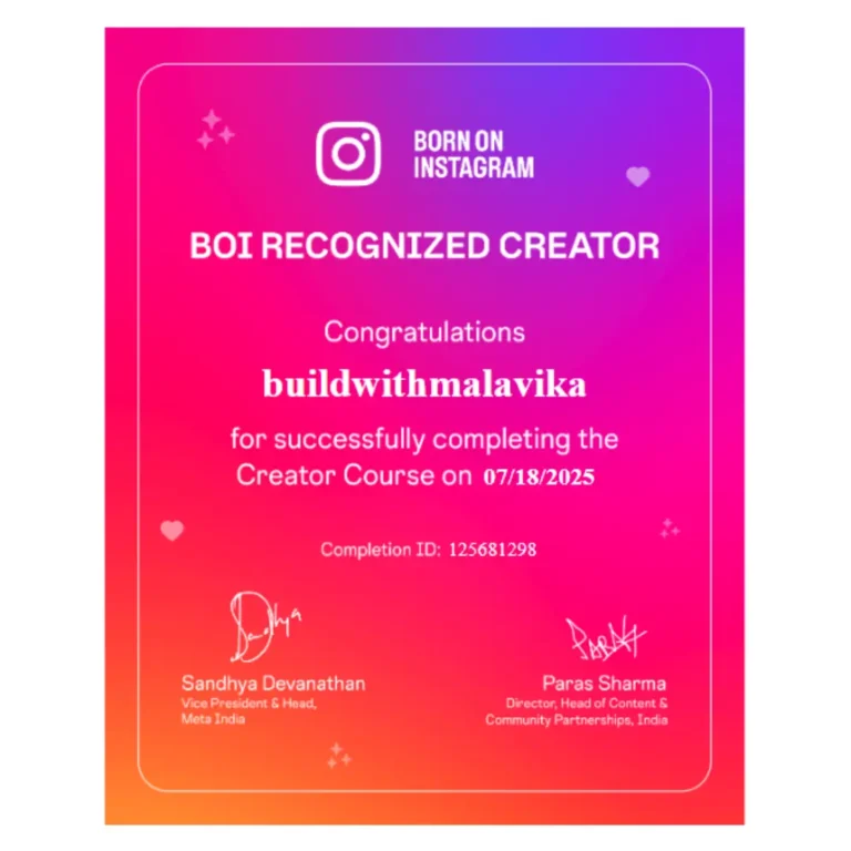 Born on Instagram Certificate Malavika Udayan Best Freelance Digital Marketer in Trivandrum