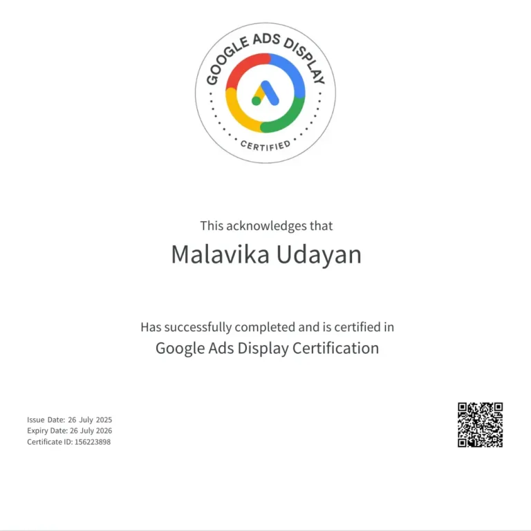 Google Ads Display Certificate Malavika Udayan Best Freelance Digital Marketer in Trivandrum