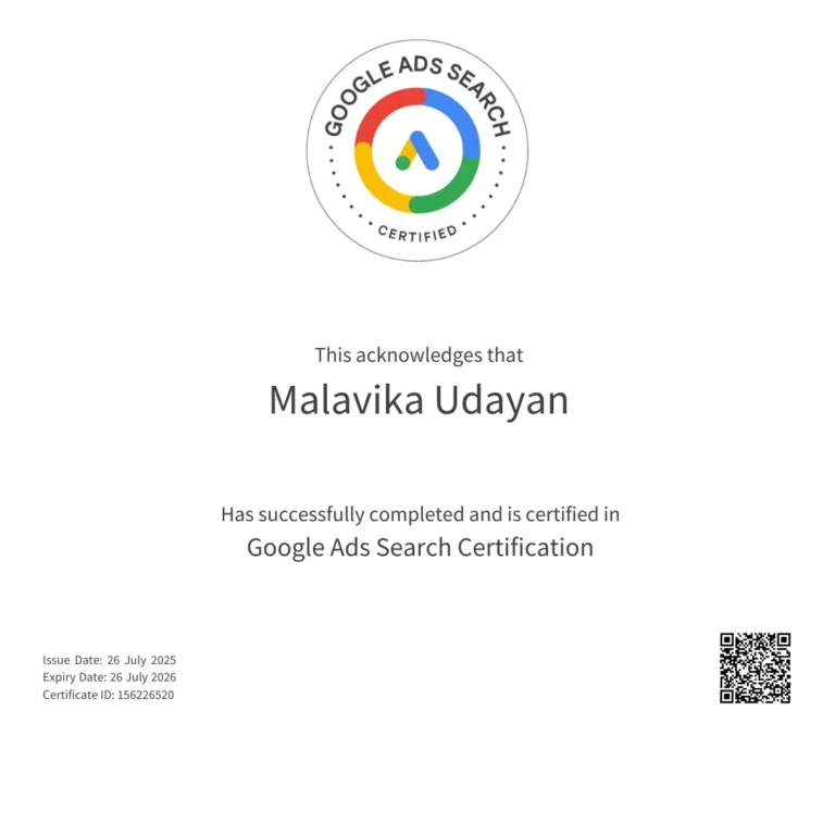 Google Ads Search Certificate Malavika Udayan Best Freelance Digital Marketer in Trivandrum
