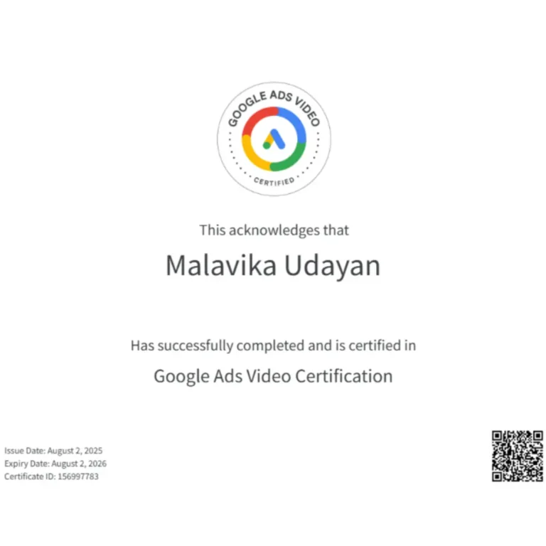 Google Ads Video Certificate Malavika Udayan Best Freelance Digital Marketer in Trivandrum
