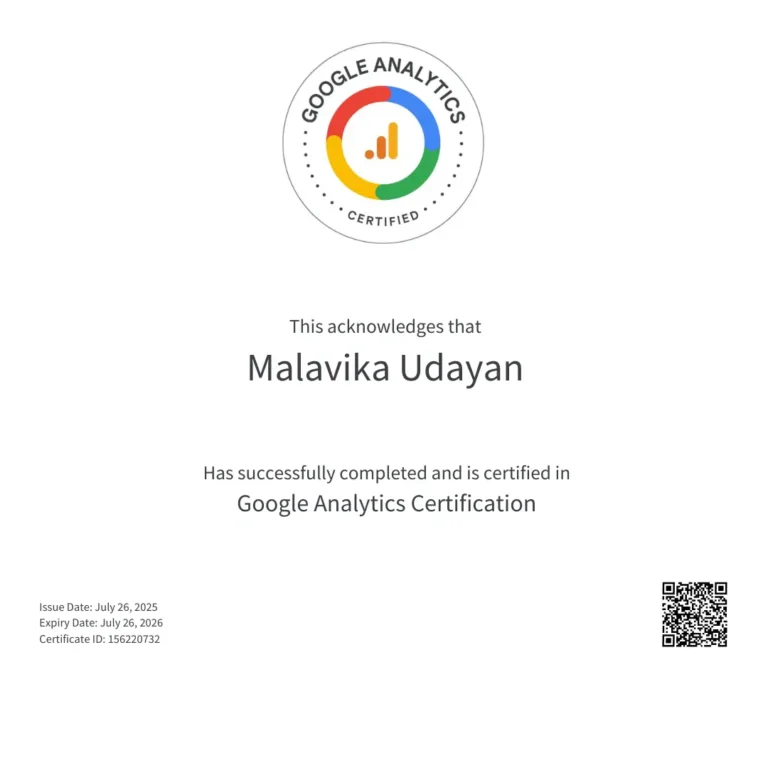 Google Analytics Certificate Malavika Udayan Best Freelance Digital Marketer in Trivandrum