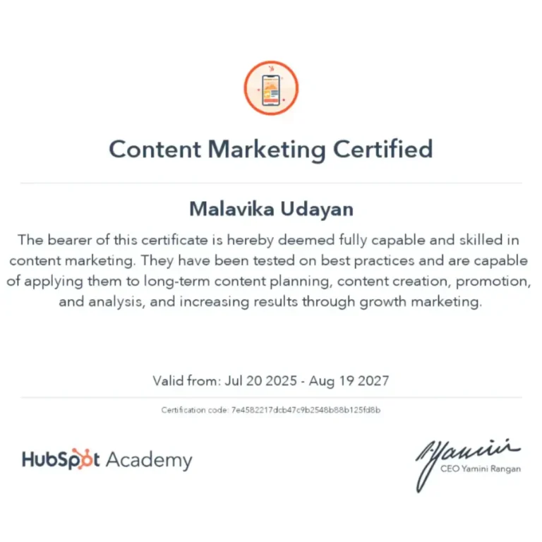 HubSpot Content Marketing Certificate Malavika Udayan Best Freelance Digital Marketer in Trivandrum