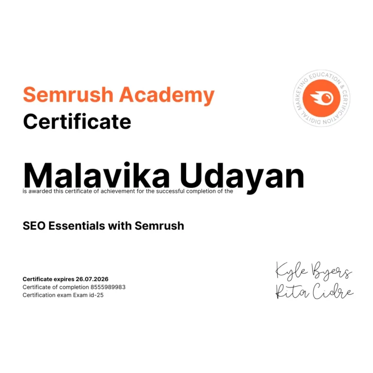Semrush Academy Certificate Malavika Udayan Best Freelance Digital Marketer in Trivandrum